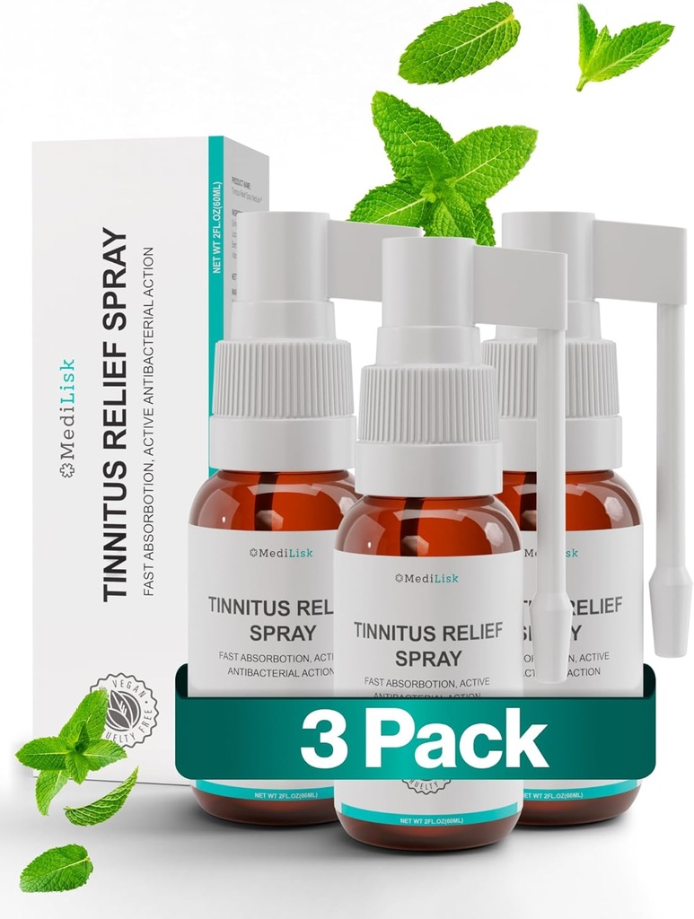 Medilisk Tinnitus Alívio Spray – Suporta Alívio do zumbido para Ringing Ears – Herbal Ear Care Products – Não-esteroidal e hipoalergênico – 1 Fl Oz – Pacote de 3