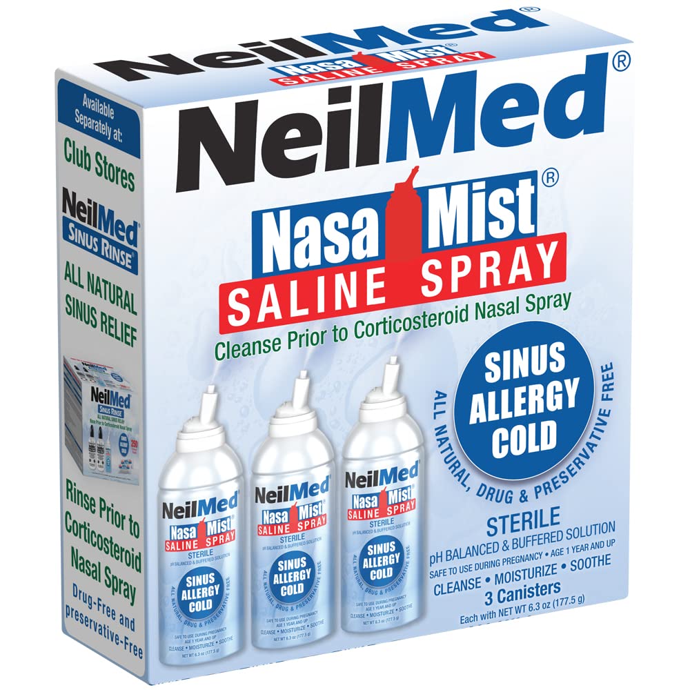 NeilMed NasaMist Isotonic Saline Spray. Soothe, hidratar e limpar usando ponta especialmente projetada. 177mL. Contém 3 cilindros NasaMist