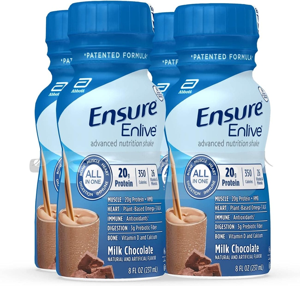 Certifique-se de Shake Replacement Enlive, 20g de proteína, 350 calorias, Shake Protein Nutrition avançado, Chocolate Leite, 8 Fl Oz (Pacote de 4)