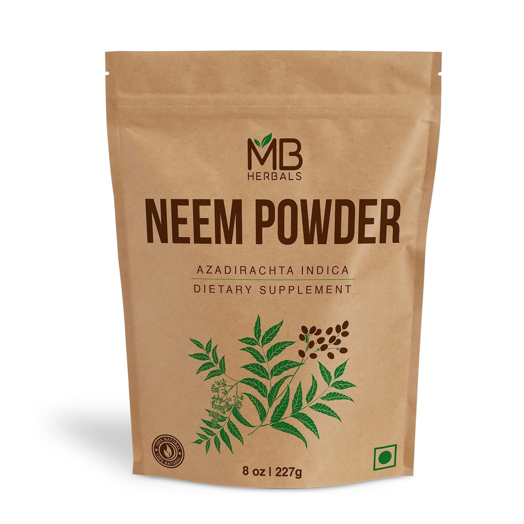 MB Ervas Puro Neem Pó 8 onças □ 227 Gram / 0,5 LB Puro Wild-Crafted Neem Leaf Pó