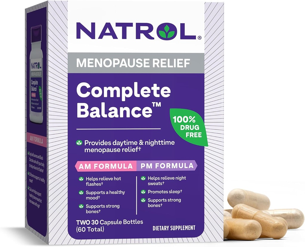 Equilíbrio completo Natrol, Suplemento dietético para alívio da menopausa, A.M. / P.M. Relief Menopause para mulheres, 60 cápsulas, até um suprimento de 30 dias