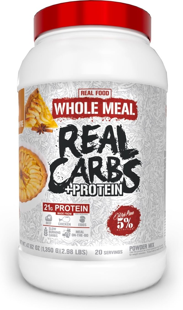 5% Nutrition Rich Piana Real Carbs + Protein □ Massa limpa Gainer Replacement Protein Powder □ Carboidrato para pré-treino / pós-treino Recuperação Refeição □ 2.9 lb, 20 Servings (torta de canela de maçã)