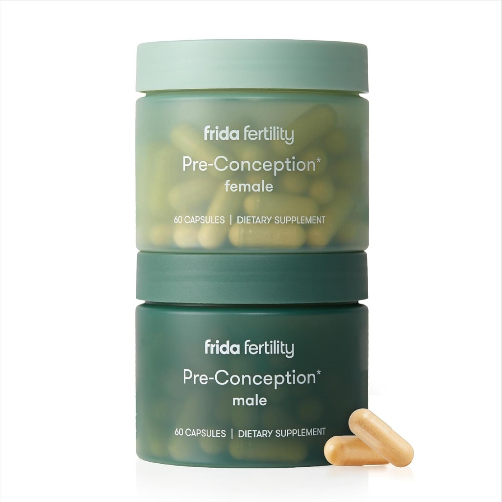 Frida Fertilidade Pré-Concepção Conjunto de Suplementos, suas & seus vitaminas diárias & minerais para a fertilidade, suporte de ovos e saúde do esperma, ácido fólico, inositol, CoQ10, 60 cápsulas cada, fornecimento de 30 dias