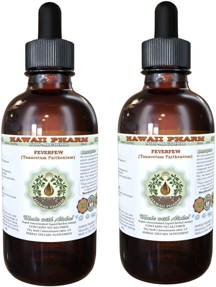 Feverfew álcool-livre de extrato líquido, Feverfew orgânico (Tanacetum parthenium) Herb Glicerite seca Havaí Pharm Natural Herbal Suplemento 2x4 oz