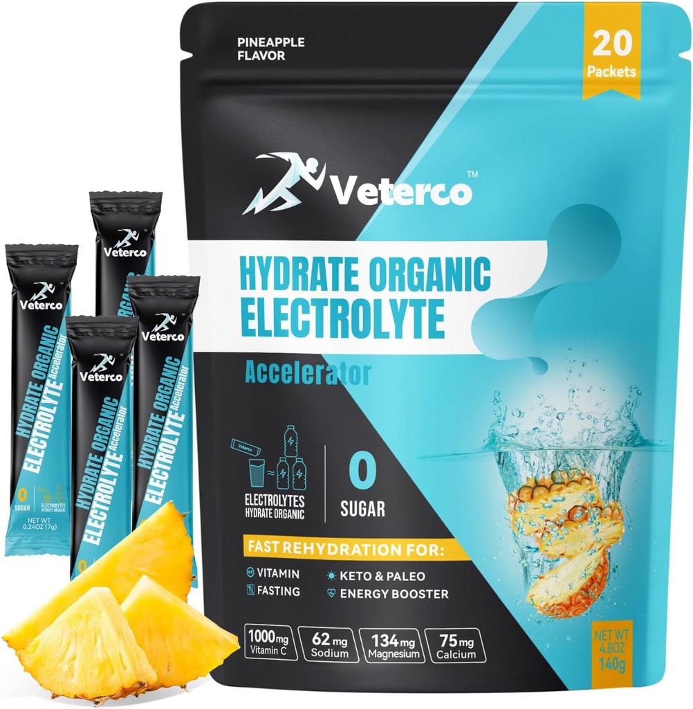 Hydration Electrolyte Powder, Electrolyte Drink, Hydration Supplement Drink Mix, Hydration Packets with Vitamina & Mineral, Keto Friendly, Vegan, Não-GMO, Sem açúcar, Sabor de abacaxi (20 Sticks)
