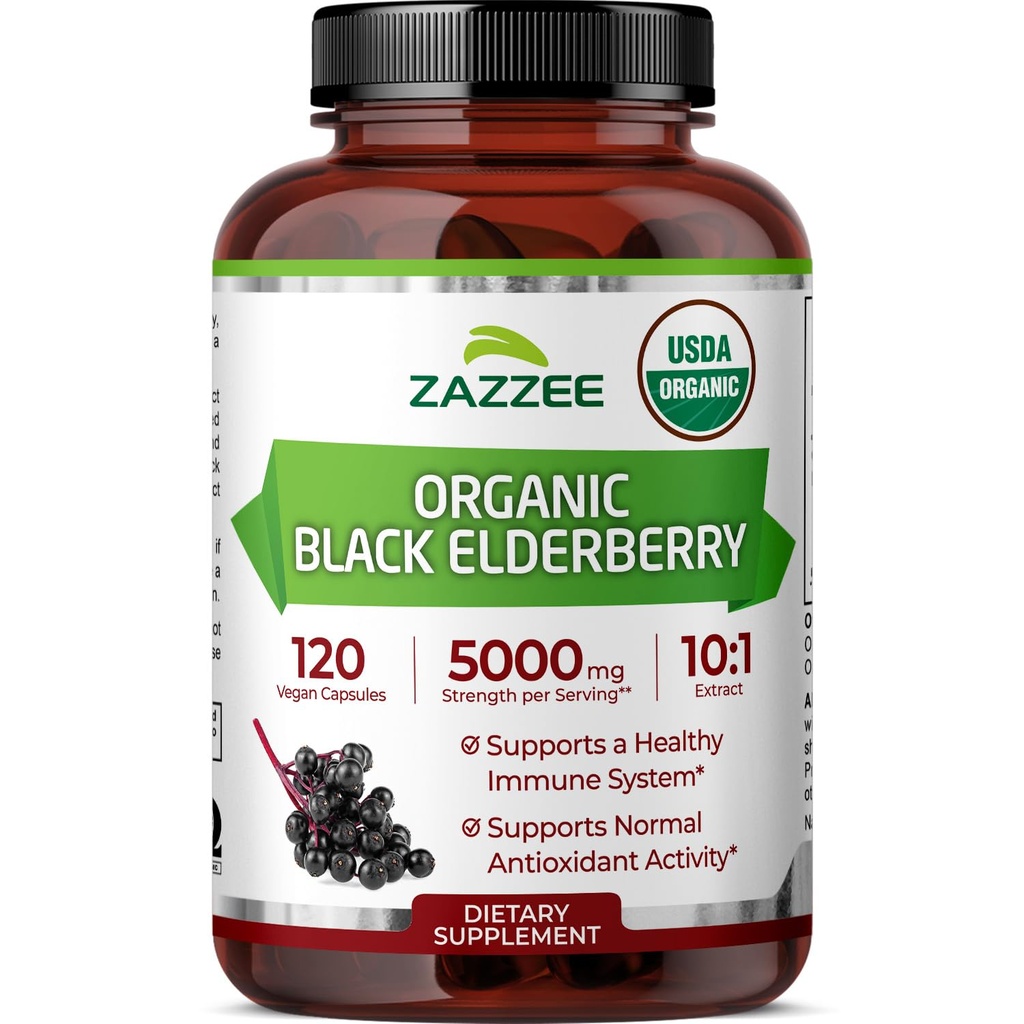 Zazzee USDA Organic Black Elderberry 10:1 Extract, 5000 mg Força, 120 cápsulas Vegan, 2 Mês de Fornecimento, Standardizado, Concentrado 10X Extract, 100% vegetariano, All-Natural, Não-GMO, Made in the USA