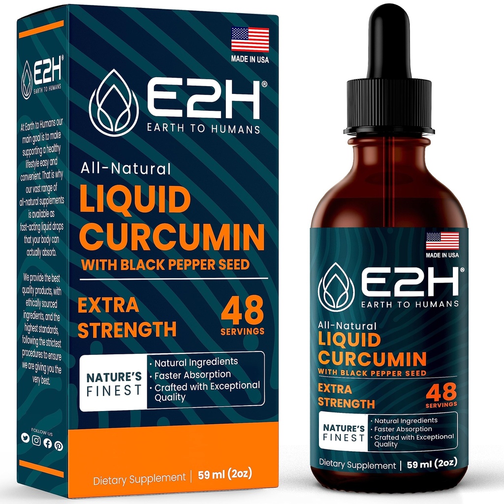 E2H Curcumina Cúrmica Líquida para Melhor Absorção - Apoio Conjunto Natural - Extrato Raiz Cúrmica com Sementes de Pimenta Negra - Aumentar sua saúde - Vegan - Não-GMO - 2 Fl Oz