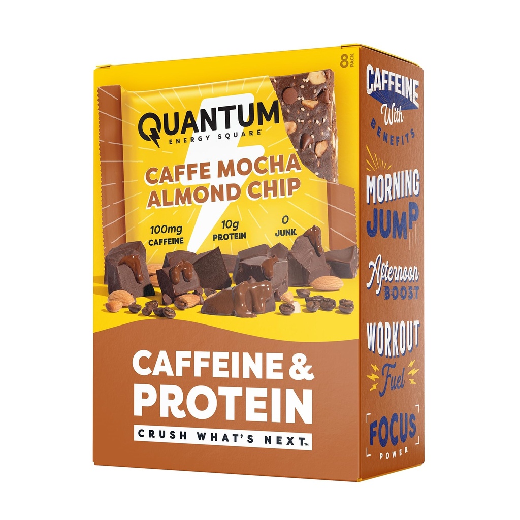 Quantum Energy Square: Barra de Energia com Cafeína e proteína 10g. Delicioso lanche saudável no go. (Vegan, sem glúten, sem soja, sem leite) (Chip de amêndoa de café Mocha)