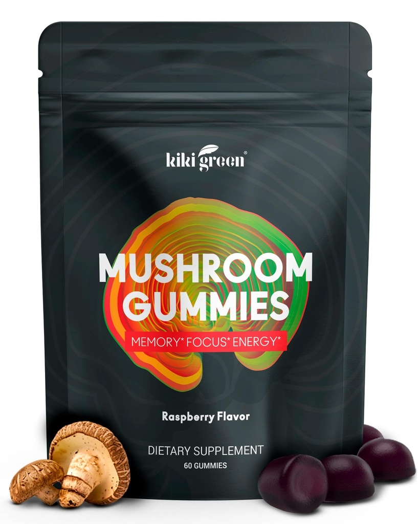 KIKI Cogumelo Verde Gummies com Mane Leão e 9 Superalimentos Adaptogen Mistura - Chaga, Red Reishi, Cordyceps, Shiitake, Black Fungus 60 Conde, 10:1 Extrato