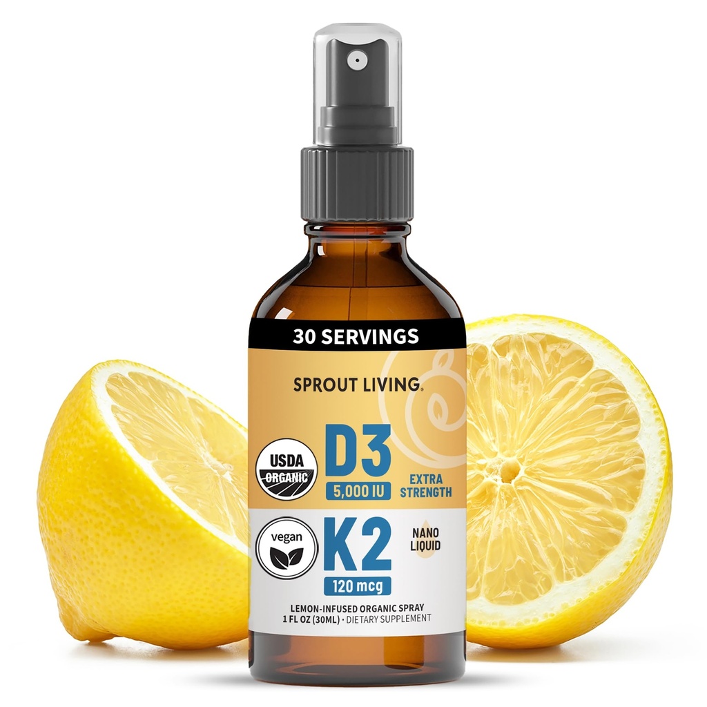 Vitamina D3 5000 UI orgânica (Líquen) + K2 120 mcg (Peixe fermentado), Imune, Saúde óssea e cardíaca com Absorção de Cálcio (Trace Minerals, Limão & Citrus, Livre de Açúcar, Spray (1 FL OZ, 30 Servings)
