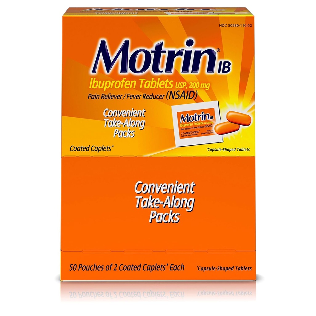 Motrin IB - comprimidos de ibuprofeno, dois comprimidos por embalagem, 50 pacotes Total, uma caixa