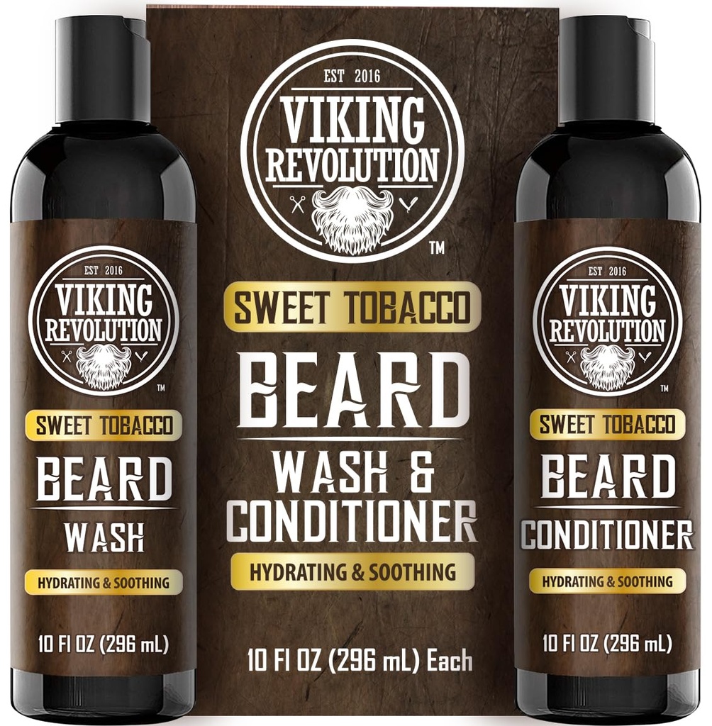 Viking Revolution Beard Wash and Beard Conditioner para homens com óleo de Argan e óleo de Jojoba - Beard Softener and Fortalecer Beard Care Shampoo and Conditioner with Beard Oil (10 onças, doce tabaco)