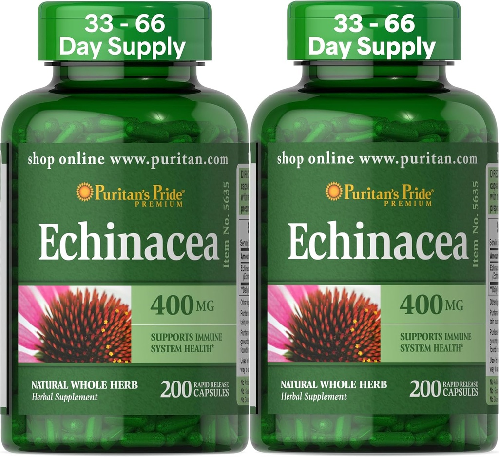 Puritan's Pride Premium Echinacea Natural Whole Herbal Supplement 400mg, Dietary Supplement for Health, Imune System Support, 200 Cápsulas de liberação rápida, 2 Pack