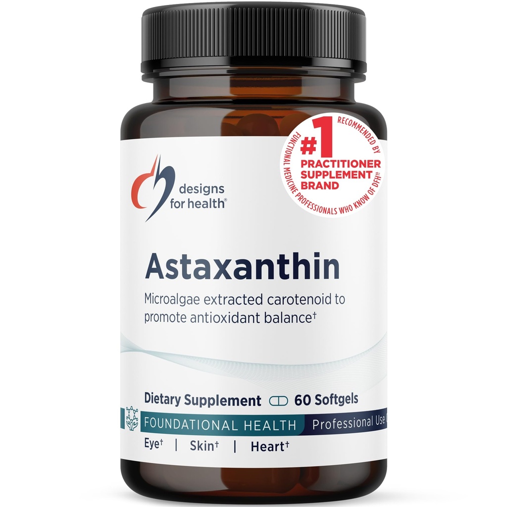 Desenhos para a saúde Astaxantina - Microalgas (Haematococcus Pluvialis) Extraído Suplemento Antioxidante Carotenóide - Suporte para Cardiovascular, GI, Pele + Saúde dos Olhos (60 Softgels)