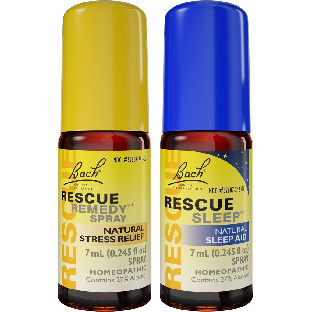 Day & Night Bundle, Bach RESCUE REMEDY Spray, Resgate de estresse natural [e] RESCUE Sleepe Spray, Ajuda natural ao sono - 2-Pk, Essência homeopática da flor, Vegan, 7mL Ea