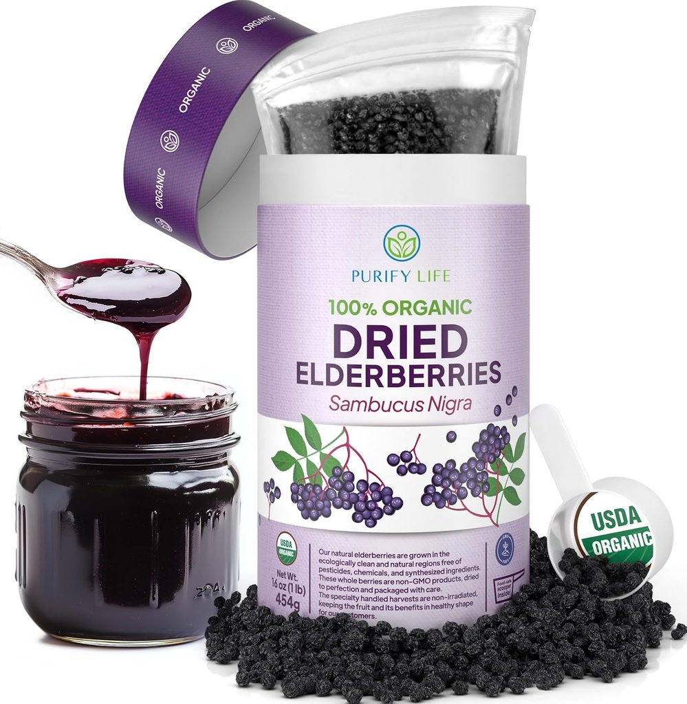 USDA Elderberrys orgânicas secas 1lb Bulk (Safest Packaging, Resealable Bag, BPA-Free Scoop) Natural, não irradiado, Elderberry preto cru, Imune Support, Make Sambucus Elderberry Syrup, 1 Libra