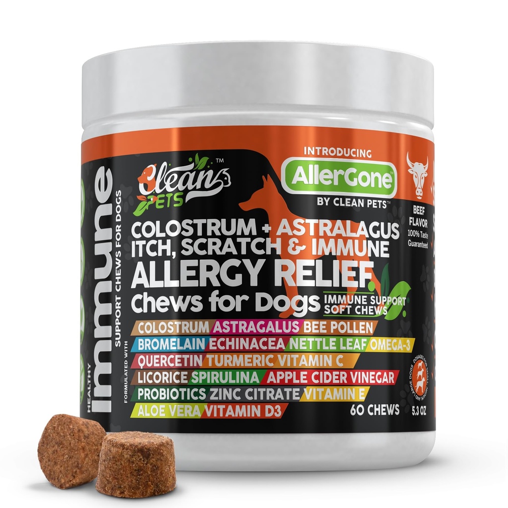 Cão Alergia Alívio Mastigas * Itchy Skin Alívio para Cães * Colostrom Astralagus Omega 3 Bee Pollen Bromelain Echinacea Nettle Leaf Quercetin Licorice Root Spirulina ACV Imune - Embalagem de 1