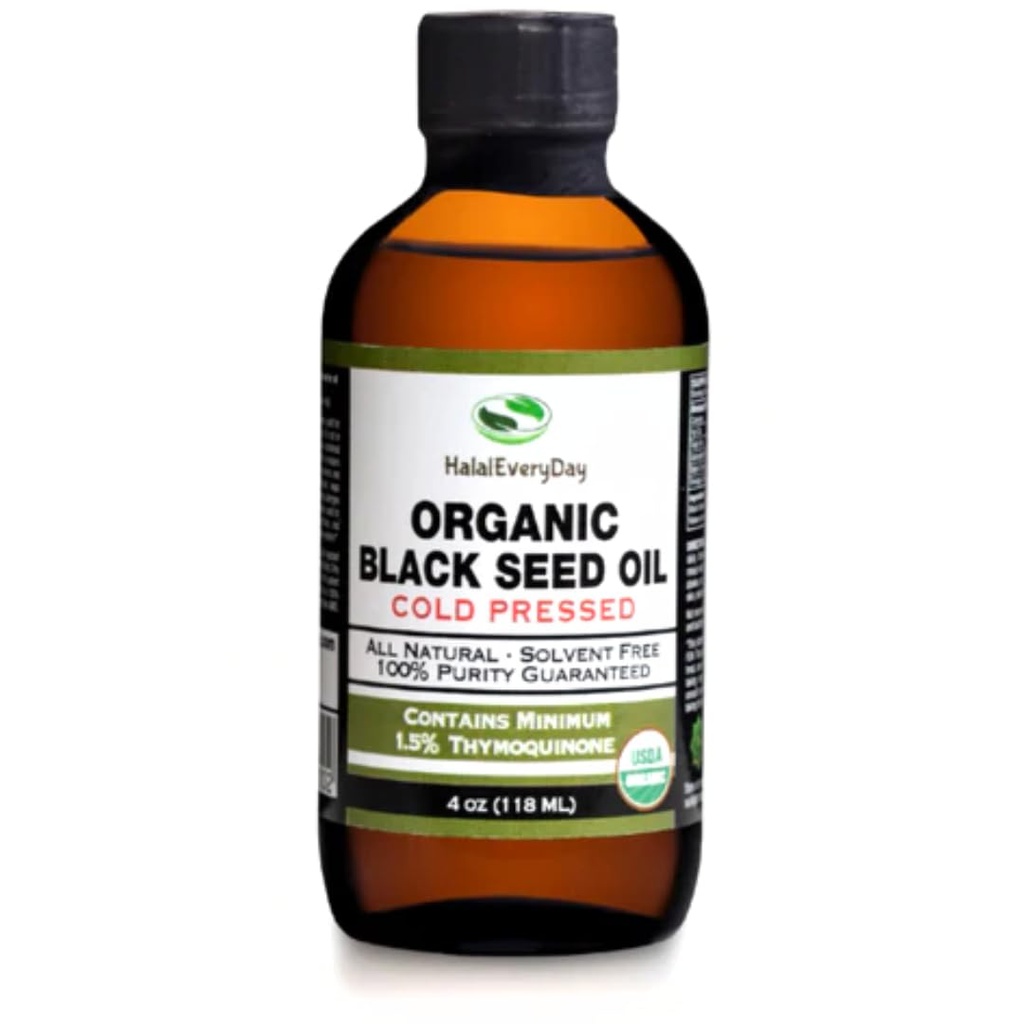 Óleo de Semente Negra Orgânica - USDA Garrafa de vidro prensada a frio Mais de 1,5% Thymoquinone 3X Força Turkey Black Cumin Nigella Sativa Non-GMO 100% Puro óleo de semente preta (4 oz garrafa de vidro)