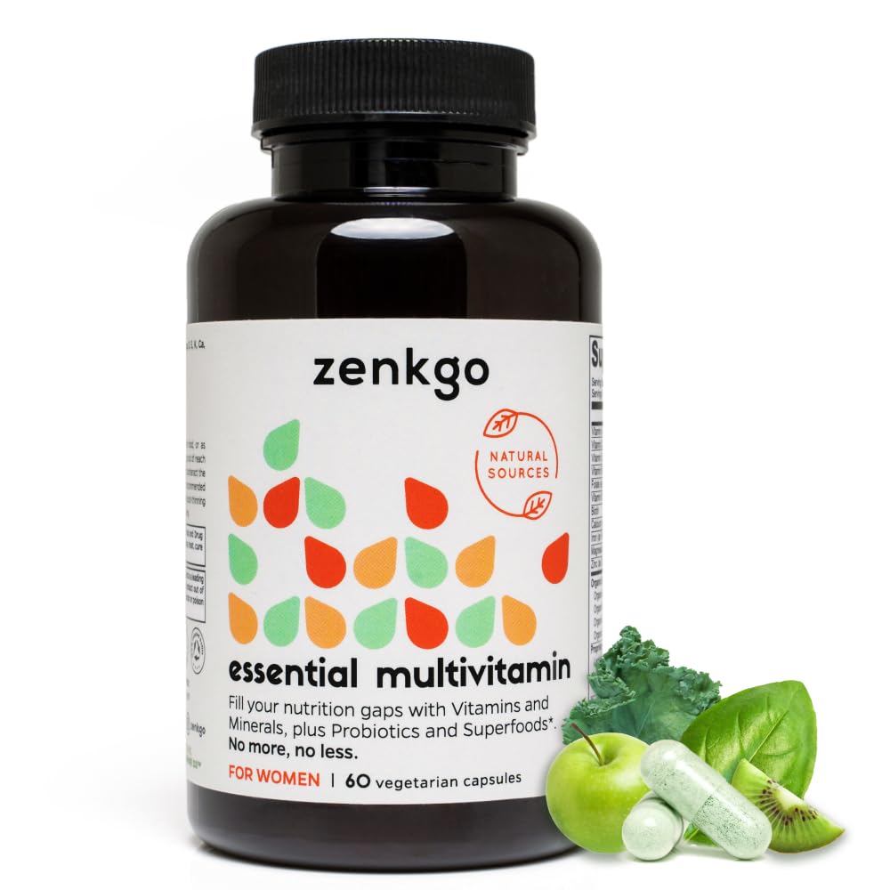 Zenkgo Multivitamins + Alimentos inteiros orgânicos + Probióticos para as mulheres, Suporta Imunidade, Digestão, Energia, Gut Health, Vitaminas A, E, B6, B12, Vegan D3, K2 (MK-7), Folato, Mineral, Superalimentos(60Ct/30Day)