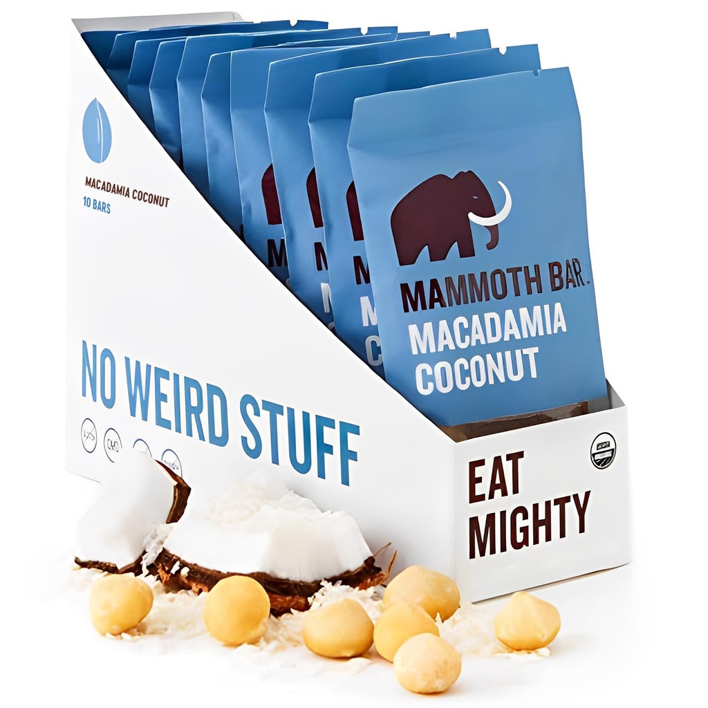 Mamute Bar Macadamia Coconut Bar - 10 Bares de Proteína Orgânica – Alta Fibra • Paleo • Gluten Free • Ovo Protein • GMO Free • Raw • Nozes Premium • Prebiótico