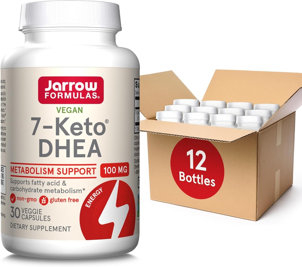 Fórmulas Jarrow 7-Keto DHEA 100 mg, Suplemento dietético para suporte de metabolismo de ácidos gordos e carboidratos, 30 Cápsulas Veggie, suprimentos de 15-30 dias, pacote de 12