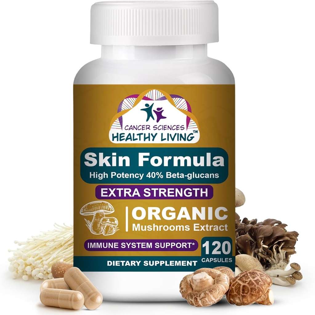 Cancer Sciences Skin Wellness Supplement, USDA Certified Organic Extract Mushrooms Supplement, Extra Strength 1.500 mg, High Potence 40% Beta-Glucans, Imune Support, Glowing Complexion, 120 Cápsulas