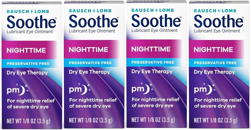 Soothe Eye Pointment by Bausch & Lomb, Lubrificante alívio para olhos secos, Hidratante e Confortante terapia noturna de olho seco, Adequado para olhos sensíveis, Conservative Free, 3,5 g - 4 Pack