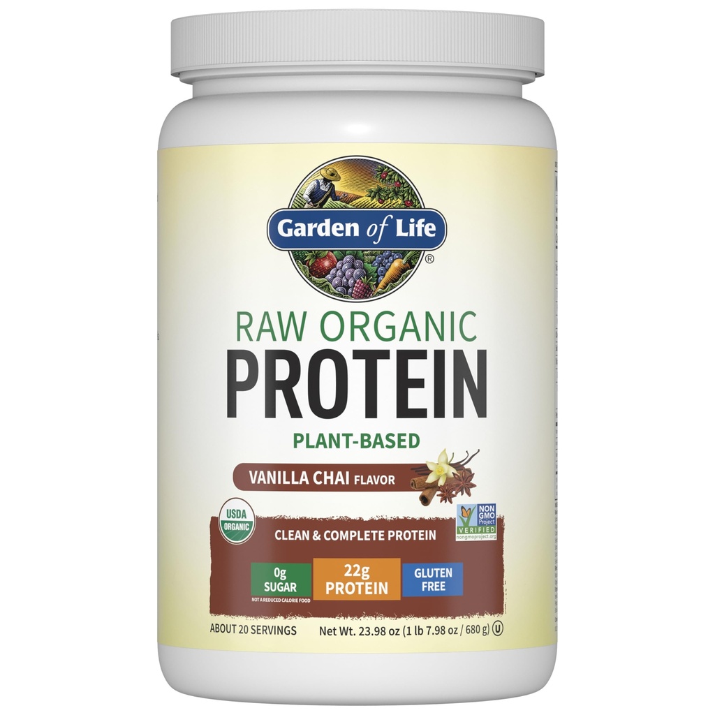 Jardim da vida Organic Vegan Protein Powder, Planta Based & BCAAs, Orgânica Protein Powder com Probióticos & Enzimas, Não-GMO, Sem glúten Lactose Livre, Baunilha Chai, 1,2 LB