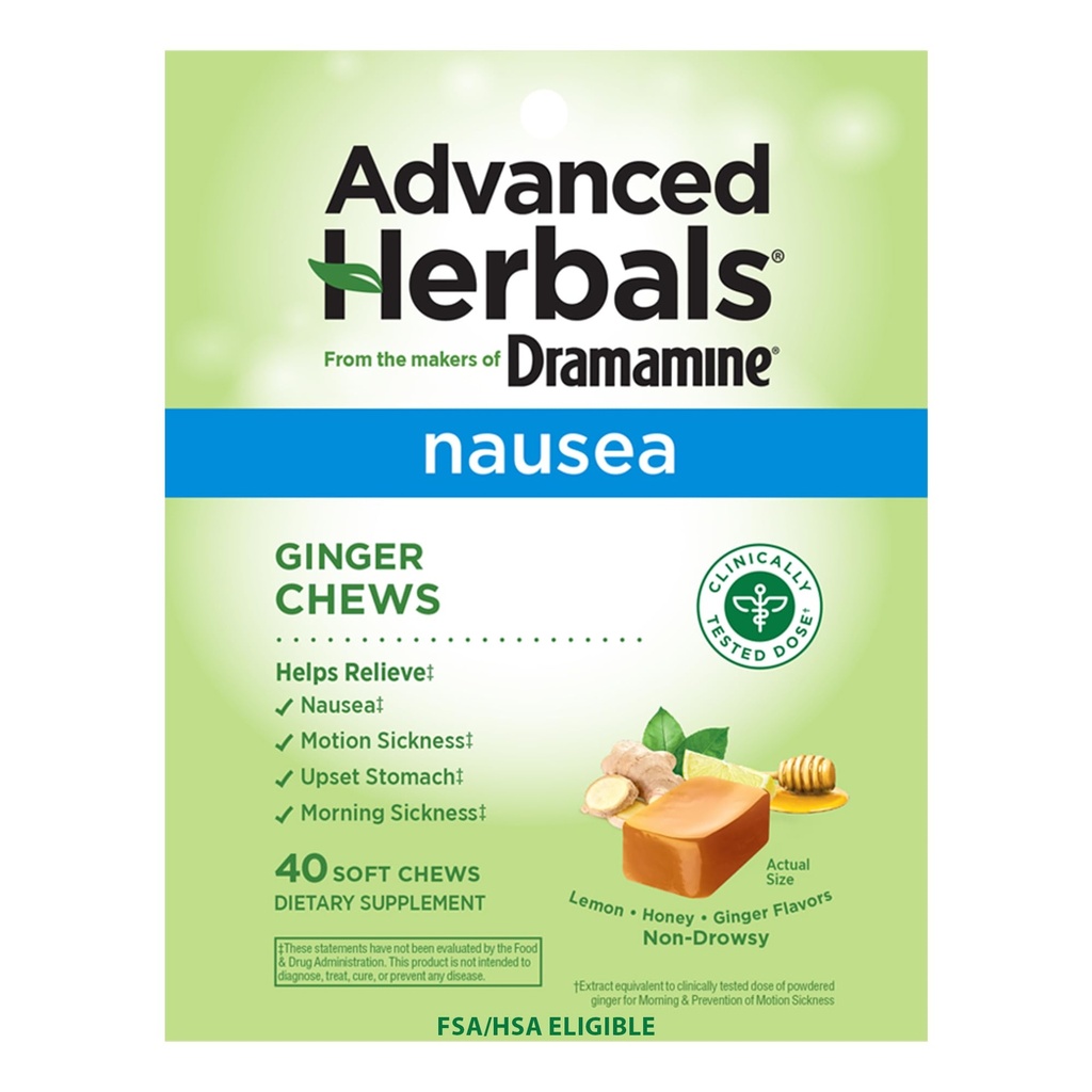 de The Makers of Dramamine, Advanced Herbals, Ginger Chews, Náusea Alivio Soft Chews Lemon-Honey-Ginger, 40 Conde
