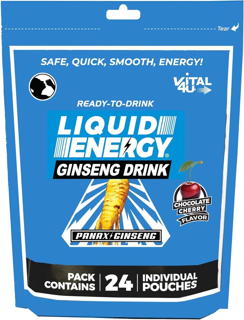 VITAL 4U® Liquid Energy Shot - Ginseng, naturalmente adoçado, Chocolate Cherry Flavor, 24 quilates