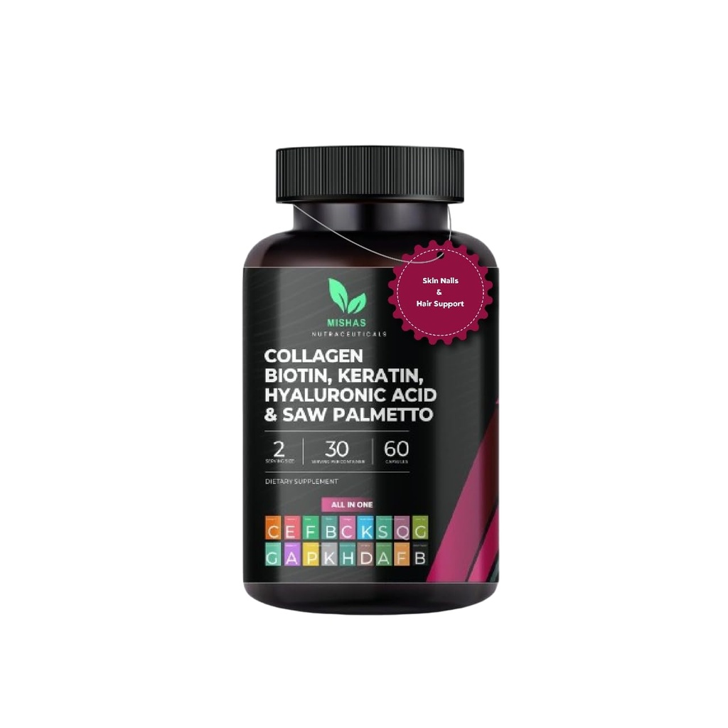 Pílulas de cabelo multi colagénio - Biotin 10.000mcg, queratina e ácido hialurônico - Crescimento do cabelo - Pele de cabelo & unhas Vitaminas & bloqueador DHT - Vitamina E ácido fólico abóbora semente MSM, Saw Palmetto 60 Vegan Cápsulas