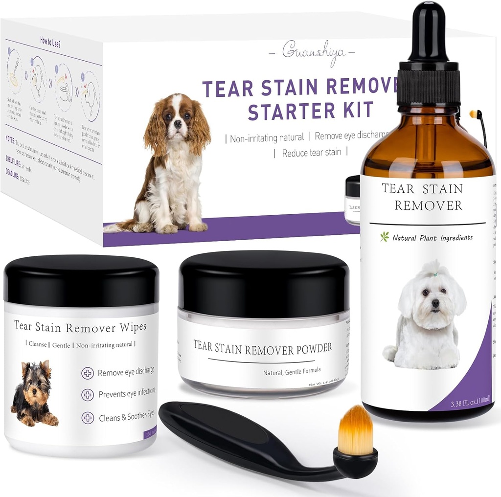 Kit inicial removedor de manchas do cão, com extrato de Hazel Bruxa, remover manchas de lágrimas, descarga e muco, inclui solução de manchas, Wipes aplicador, pó de manchas e escova, dura 30-45 dias