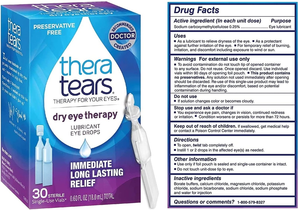 TheraTears Dry Eye Therapy Lubrificating Eye Drops for Dry Eye Oye, Preservative Free Eye Colaps, 30 frascos para injetáveis de uso único (3 embalagens)