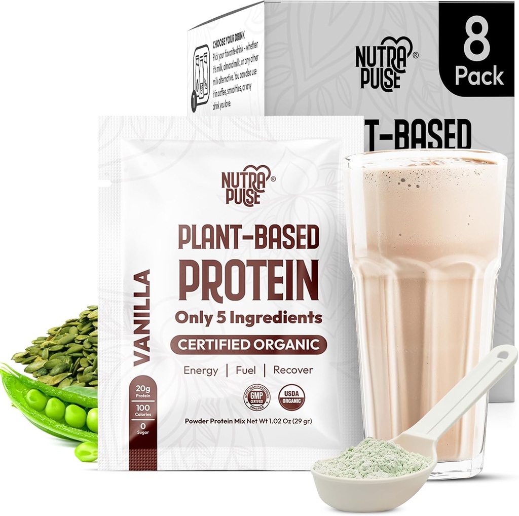 Organic Vegan Protein Powder Sample Pack - Proteína Baseada em Plantas, Gluten-Free, Non GMO, 20g Protein Per Serving, Great for Smoothies & Shakes (Vanilla, Pack of 8)