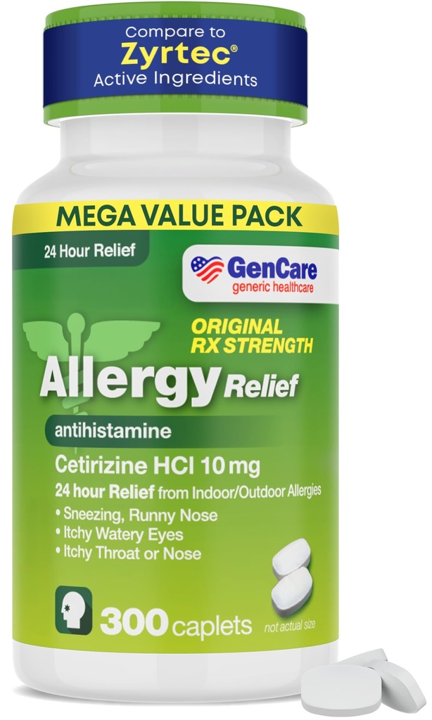 GenCare - Cetirizine HCL 10 mg (300 Caplets) - comprimidos de alívio de alergia 24 horas - medicamentos genéricos de alergia OTC - anti-histamínicos para espirros, nariz runny & comichão olhos - genérico Zyrtc
