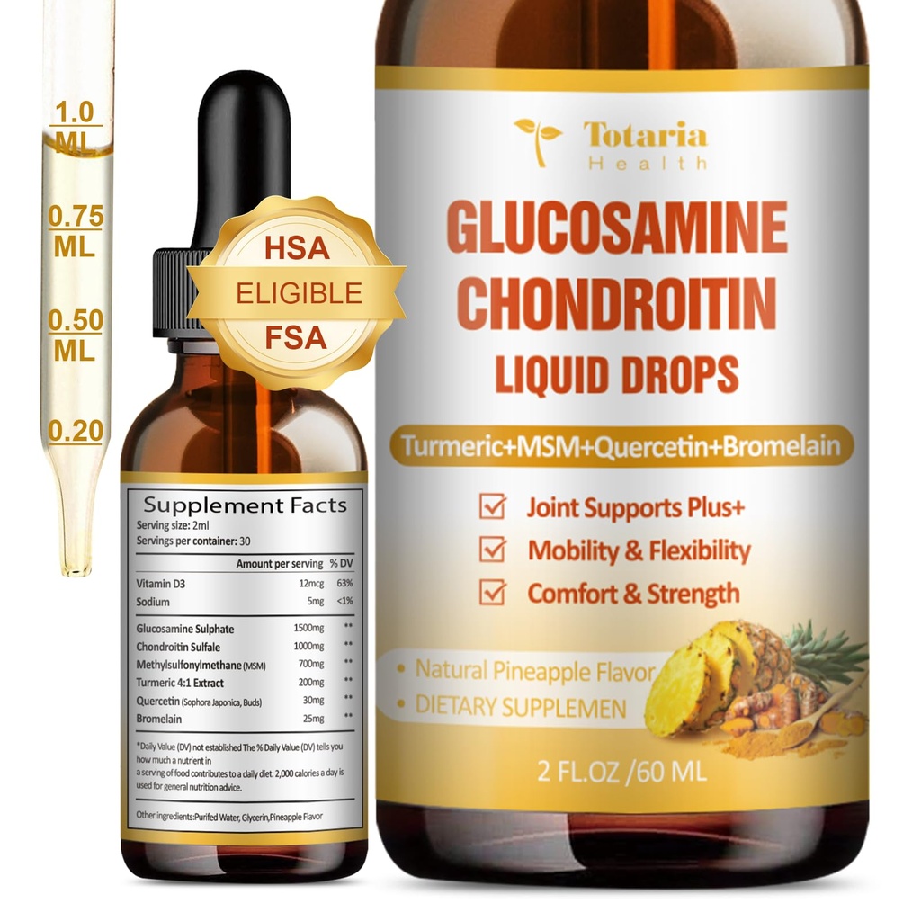 Glucosamina Chondroitin MSM Liquid Drops FSA-HSA - Suplemento de suporte conjunto para mobilidade, flexibilidade e ossos Chondroitin Sulfato Suplemento Açafrão, Quercetina, Bromelaína, óleo MSM 2 FL.OZ
