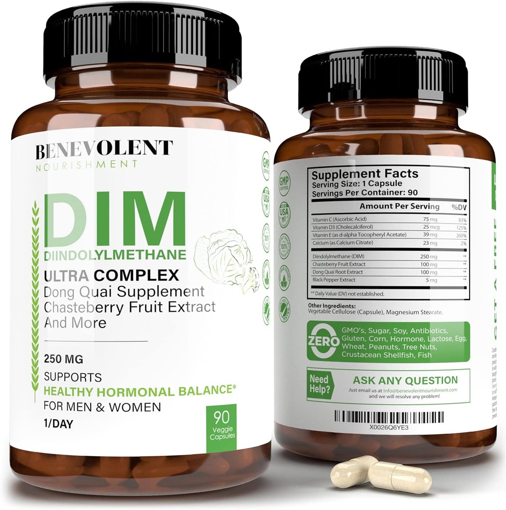 Benevolent Nutrishment Suplemento DIM de força máxima 250mg – 90 Vcaps Diindolilmetano Ultra Complex Plus Chasteberry, Dong Quai Extract + Mais