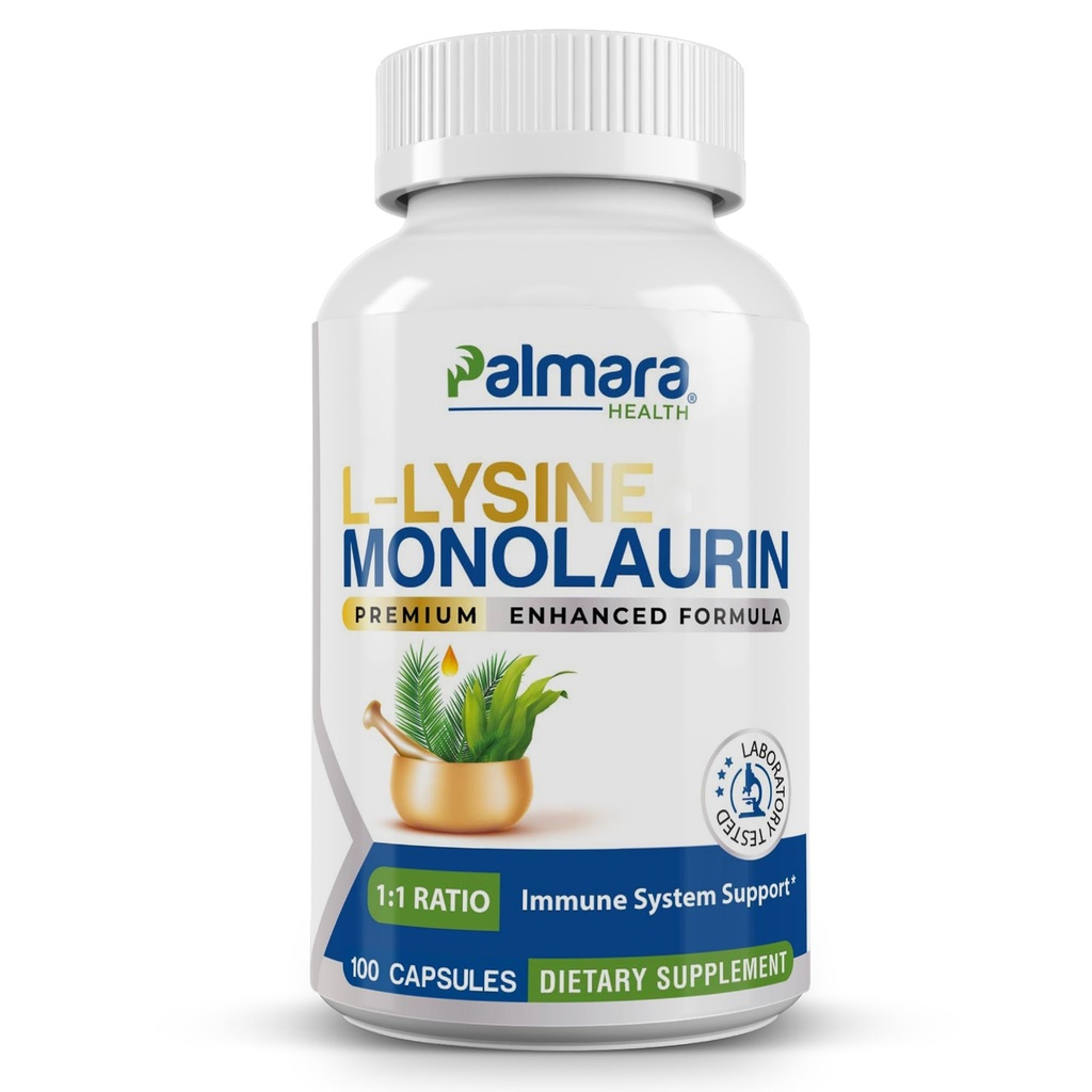 Palmara Health L-Lysina + Monolaurina 600mg 1:1 Relação, 1 Embalagem, 100 Cápsulas