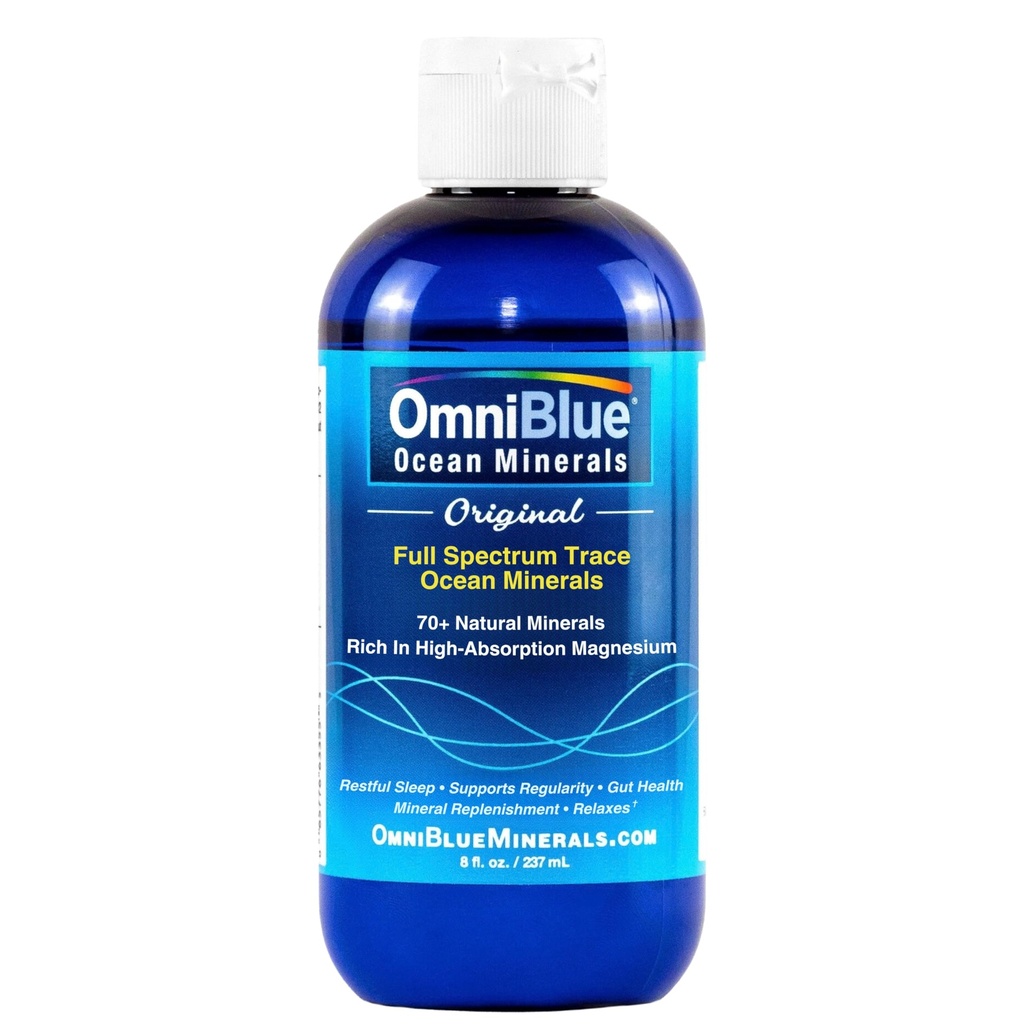 Minerais do Oceano OmniBlue - 70+ Minerais Trace & Magnésio Líquido - Potássio, Cloreto-Baixo de Sódio - Suporte Natural para Sono, Digestão, Regularidade, Hidratação e Equilíbrio Eletrolítico (8 onças)