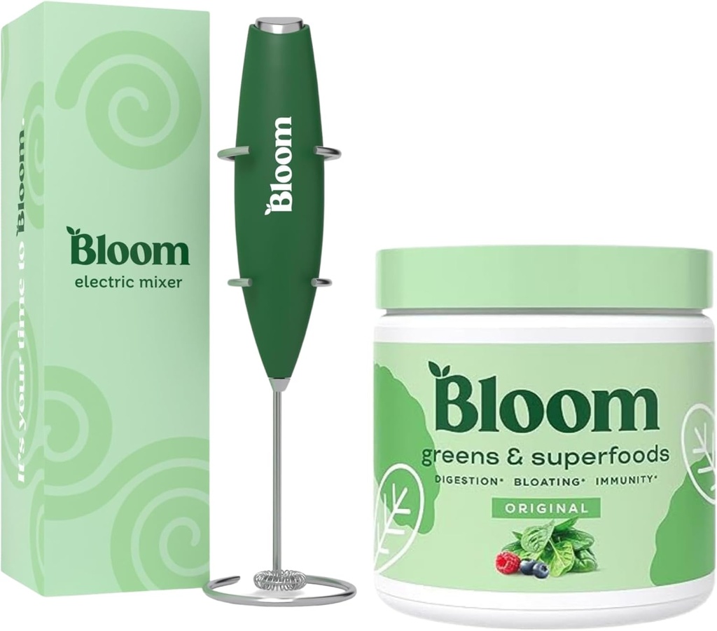 Bloom Nutrition Superfood Greens Pó, Enzimas Digestivas com Probióticos e Prebióticos, Gut Health, Bloating Alief, Original + Milk Frather High Powered Hand Mixer