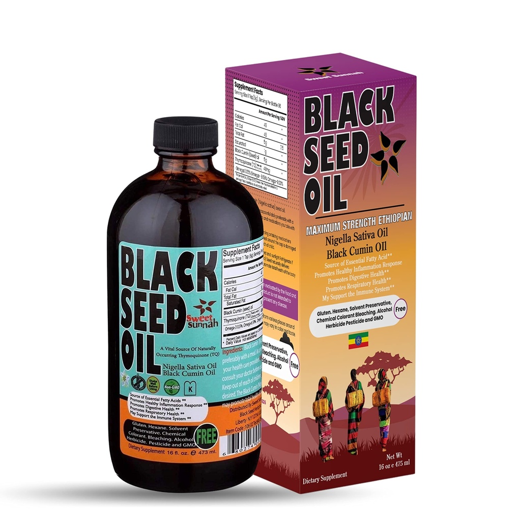 Óleo de semente preta etíope - 3.43% Thymoquinone Cominho preto prensado a frio Sementes de Puro Nigella Sativa - Primeiro Pressionar Sementes Negras Não-GMO Melhorado - 16 Oz garrafa de vidro doce Sunnah