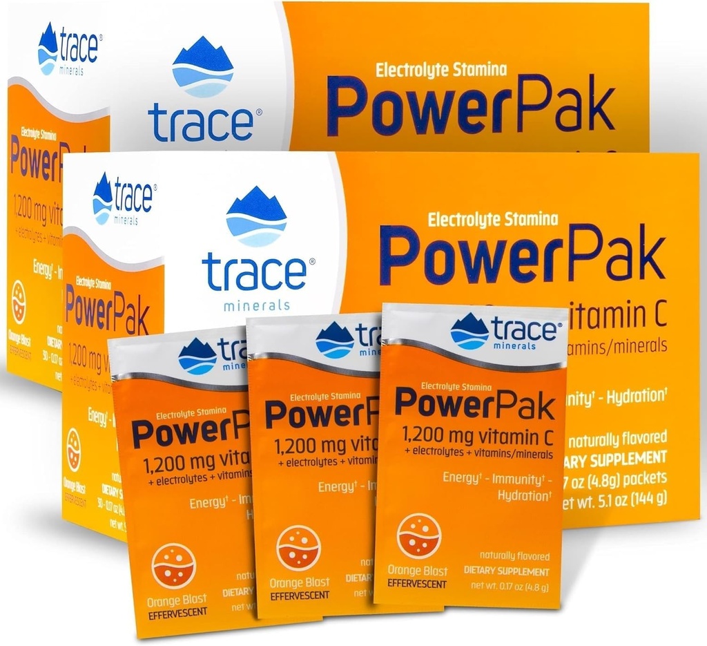 Trace Minerals □ Power Pak Electrolyte Powder Packets □ 1200 mg Vitamina C, Zinco, Magnésio