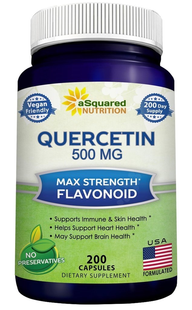 aSquared Nutrition Quercetin 500mg Supplement - 200 Cápsulas - Quercetin Dihydrate para apoiar a saúde cardiovascular - Max força pó comprimidos complexos para ajudar a melhorar a resposta imune