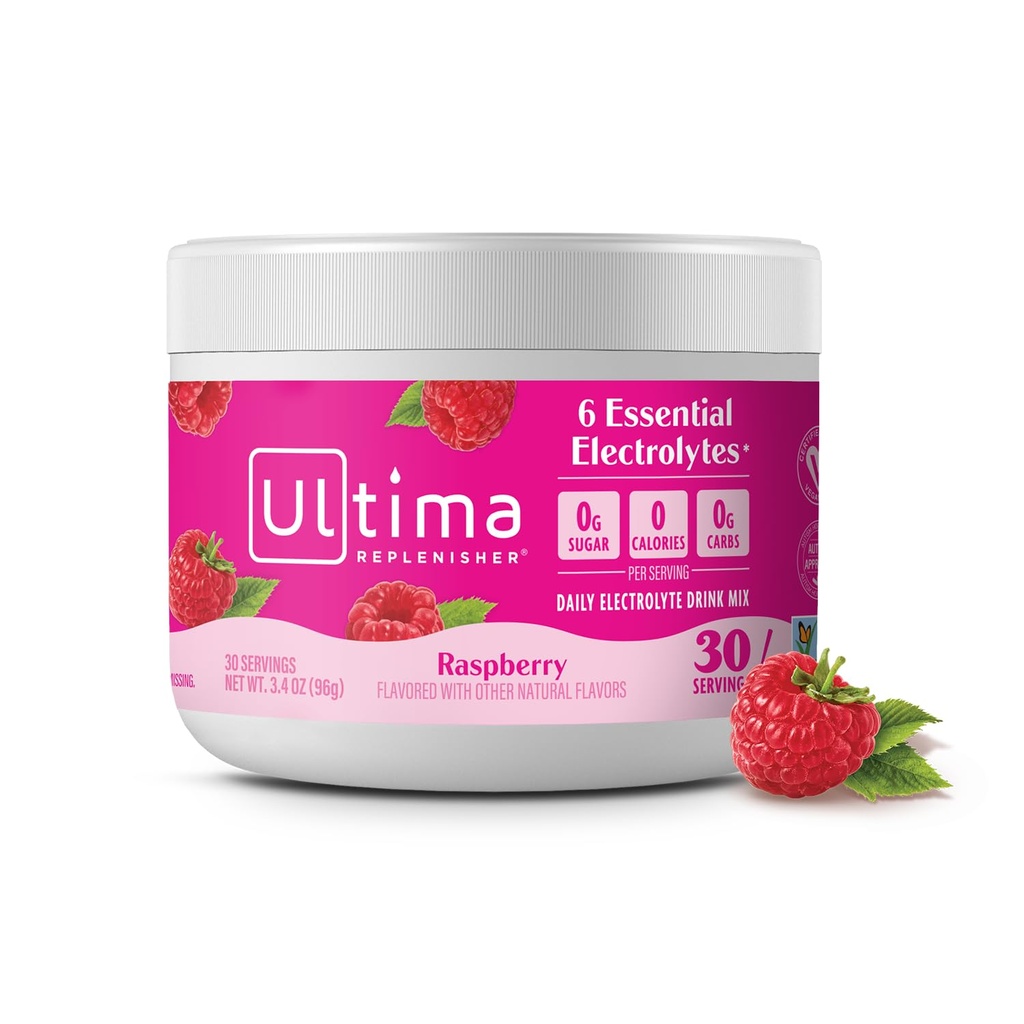 Ultima Replenisher Diária Electrolyte Powder Drink Mix – Açúcar grátis – Framboesa, 30 Servings – Hydration Powder com 6 Eletrolitos Chave e Trace Minerals – Keto Friendly, Vegan, Não-GMO