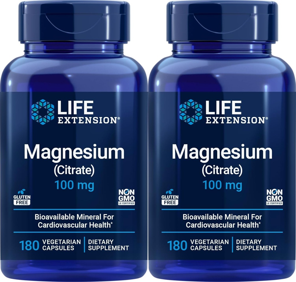 Extensão de vida Magnésio (Citrato) 100mg, 180 Veg Caps (Pacote de 2) - Suplemento Mag