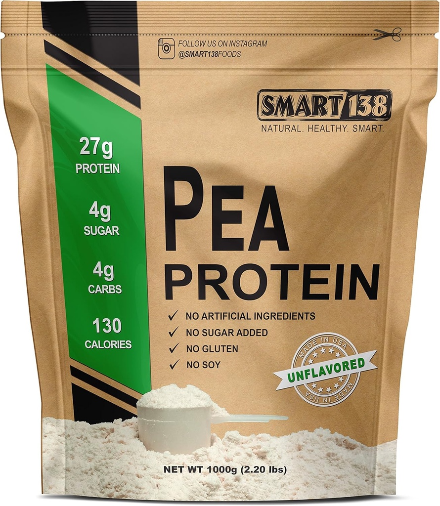 100% Pure Pea Protein, Ultra Smooth Powder, Vegan, Gluten-Free, Soy-Free, Dairy-Free, Non-GMO, USA/Canada, Keto (Baixo Carb), BCAAs naturais (1000g / 2.2lbs, Sem sabor)
