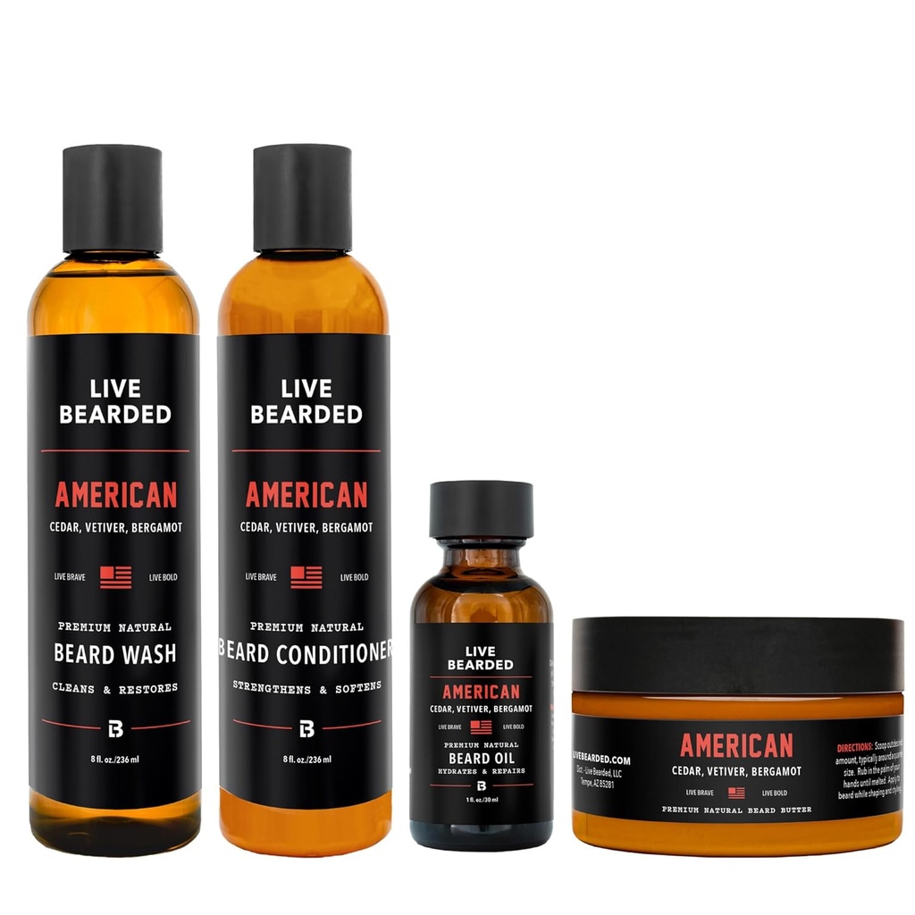 Kit completo de barba de barba ao vivo - Lavar, Condicionador, Manteiga e Óleo - Feito nos EUA com Ingredientes All-Natural - Conjunto de noivos de homens       . American Scent - Cedar, Vetiver, Bergamot