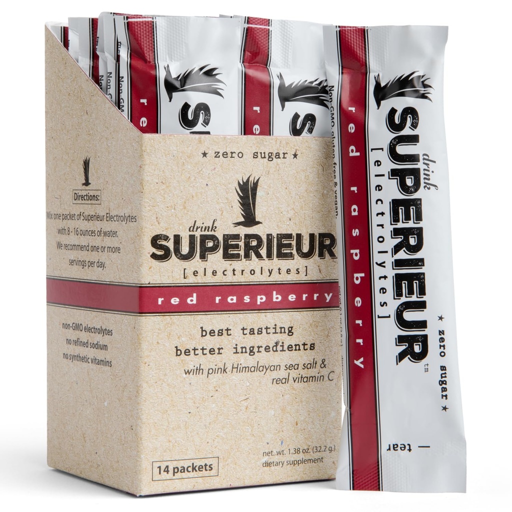 Superieur Electrolyte Powder Packets - Vegan Eletrolyte Hydration Powder w / Mar Minerals - Keto Friendly, Não-GMO, Zero Suplemento de Eletrolyte Açúcar - bebida esportiva saudável - framboesa (14 Packets)