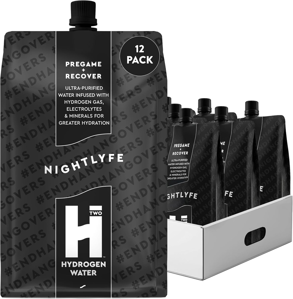 HTWO Nightlyfe Recuperação, 16,9 onças Premium Hidrogênio água infundida com eletrólitos, vitaminas e minerais, 12-Pack, Pacotes de hidratação funcional para recuperação e clareza mental, Açúcar livre