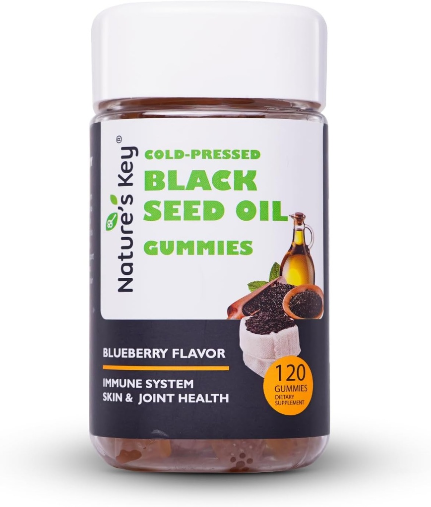 Nature's Key Black Seed Oil Gummies,Support Immunity, Joints, Digestion, Hair & Skin, com 200mg Nigella Sativa Seed Oil, Vitamina C, Ginger, Romã (Blueberry Flavor 120 Conde)
